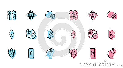 Set line Shield security with lock, Phone mobile and cryptocurrency coin Bitcoin, Blockchain technology, think Vector Illustration