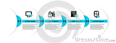 Set line Shield security with lock, Server, Cyber and Lock on monitor icon. Vector Vector Illustration