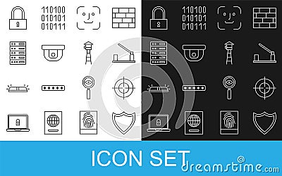 Set line Shield, Target sport, Parking car barrier, Face recognition, Motion sensor, Server, Data, Web Hosting, Lock and Vector Illustration