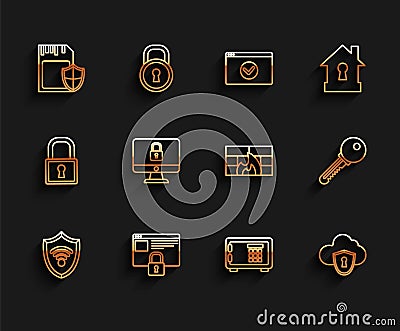 Set line Shield with WiFi wireless internet network, Secure your site HTTPS, SSL, SD card and shield, Safe, Cloud, Lock Vector Illustration