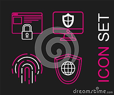 Set line Shield with world globe, Fingerprint, Computer monitor and shield and Secure your site HTTPS, SSL icon. Vector Vector Illustration