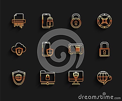 Set line Shield with world globe, FTP folder and lock, Paper shredder confidential, Computer monitor shield, Globe key Stock Photo