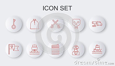 Set line Ship, Pirate flag with skull, Crossed pirate swords, captain, key, sack, and Wooden barrel icon. Vector Vector Illustration