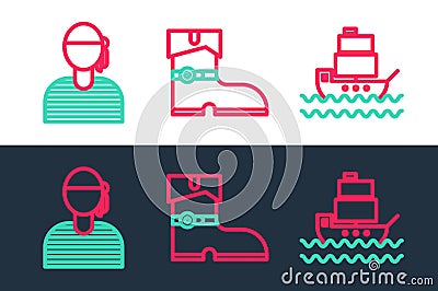 Set line Ship, Sailor captain and Leather pirate boots icon. Vector Stock Photo