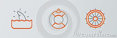 Set line Ship steering wheel, Shark fin ocean wave and Lifebuoy icon. Vector Vector Illustration