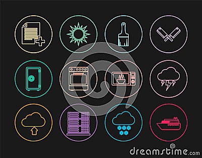 Set line Ship, Storm, Paint brush, Oven, Safe, Add new file, Microwave oven and Sun icon. Vector Vector Illustration