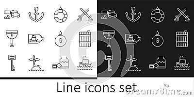 Set line Ship, Wooden barrel, Lifebuoy, Bottle with ship inside, pirate leg, Cannon cannonballs, Bomb ready to explode Vector Illustration