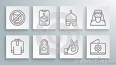 Set line Shirt kurta, Star and crescent, Muslim Mosque, Wudhu, Octagonal star, man and No pig icon. Vector Vector Illustration