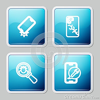 Set line Shockproof phone, Mobile with broken screen, System bug and service icon. Vector Vector Illustration