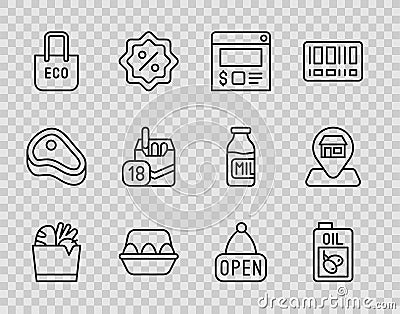 Set line Shopping bag and food, Bottle of olive oil, Online ordering delivery, Chicken egg box, with recycle, Cigarettes Vector Illustration