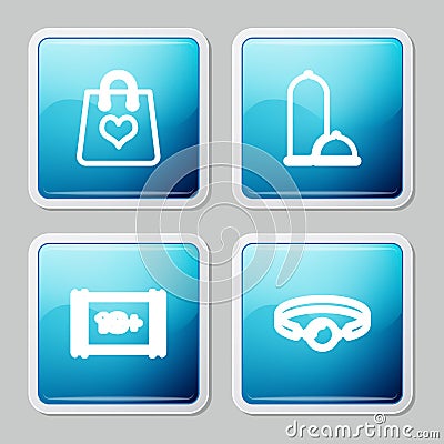 Set line Shopping bag with heart, Condoms safe sex, Play Video 18 plus and Silicone ball gag icon. Vector Vector Illustration