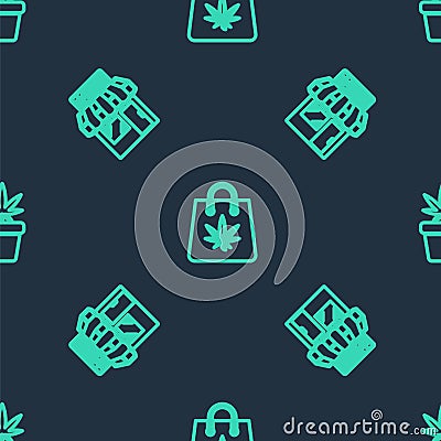 Set line Shopping bag of marijuana, Marijuana and cannabis store and plant pot on seamless pattern. Vector Vector Illustration