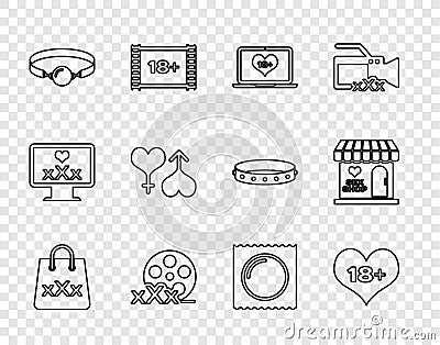 Set line Shopping bag with triple X, 18 plus content heart, Laptop, Film reel Sex, Silicone ball gag, Male and female Vector Illustration