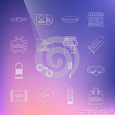 Set line Shopping bag with triple X, Silicone ball gag, Condom safe sex, Leather fetish collar, Video camera Sex, tv old Vector Illustration