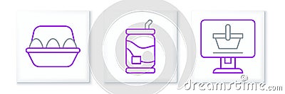 Set line Shopping cart on computer, Chicken egg box and Soda can icon. Vector Vector Illustration