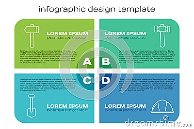 Set line Shovel, Hammer, Worker safety helmet and Hammer. Business infographic template. Vector Vector Illustration