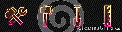 Set line Shovel, Hammer and wrench spanner, Wooden axe and Ruler. Glowing neon icon. Vector Vector Illustration