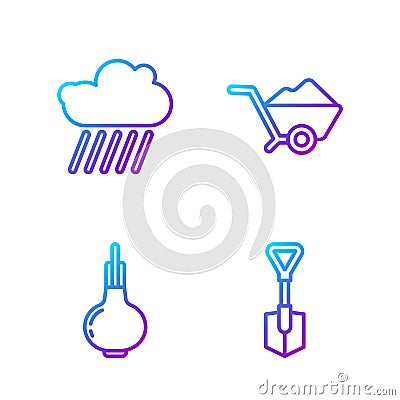 Set line Shovel, Onion, Cloud with rain and Wheelbarrow with dirt. Gradient color icons. Vector Vector Illustration