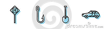 Set line Shovel, Parking, Fishing hook and Car icon. Vector Vector Illustration