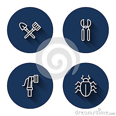 Set line Shovel and rake, Gardening scissors, hose and Colorado beetle with long shadow. Blue circle button. Vector Stock Photo