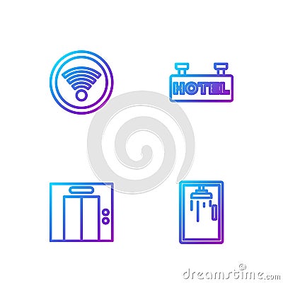 Set line Shower cabin, Lift, Wi-Fi wireless and Signboard with text Hotel. Gradient color icons. Vector Vector Illustration