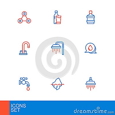 Set line Shower, Iceberg, Water tap, drop with speech bubbles, Big bottle clean water and Bottle of glass icon. Vector Vector Illustration