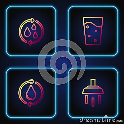 Set line Shower, Recycle clean aqua, and Glass with water. Gradient color icons. Vector Vector Illustration