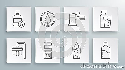 Set line Shower, Recycle clean aqua, Water cooler, Glass with water, Big bottle, tap, Bottle of glass and icon. Vector Vector Illustration