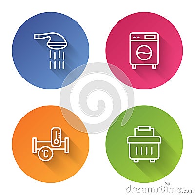 Set line Shower, Washer, Industry metallic pipe and Toolbox. Color circle button. Vector Vector Illustration