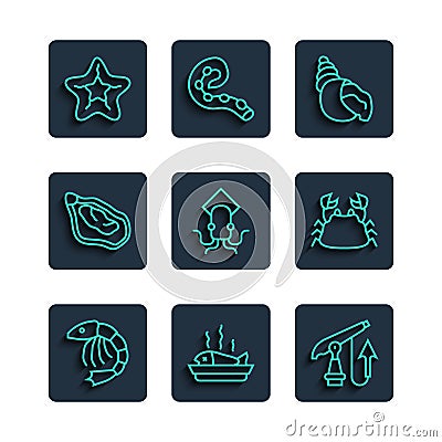 Set line Shrimp, Served fish on a plate, Fishing harpoon, Scallop sea shell, Octopus, Mussel, Starfish and Crab icon Vector Illustration
