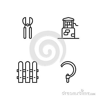 Set line Sickle, Garden fence wooden, Gardening scissors and Well icon. Vector Stock Photo