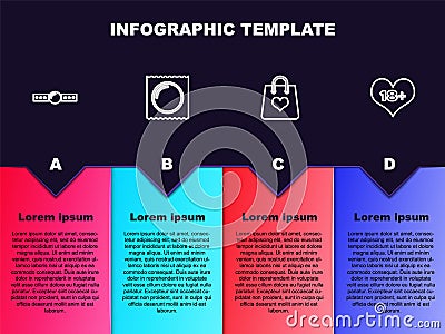 Set line Silicone ball gag, Condom in package, Shopping bag with heart and 18 plus content. Business infographic Vector Illustration