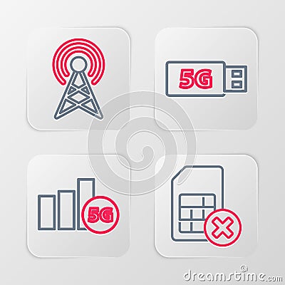 Set line Sim card rejected, 5G network, modem and Antenna icon. Vector Stock Photo