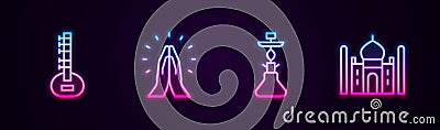 Set line Sitar, Hands in praying position, Hookah and Taj Mahal. Glowing neon icon. Vector Vector Illustration