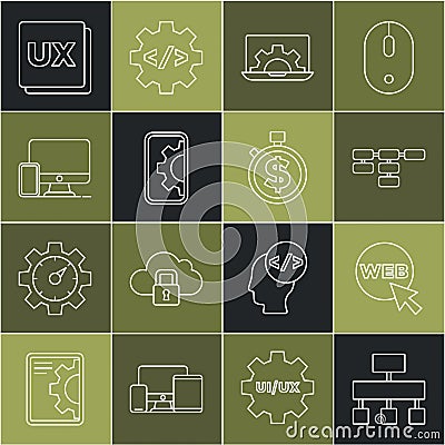 Set line Site map, Web and graphic design, development, Monitor mobile, UI UX and Time is money icon. Vector Vector Illustration