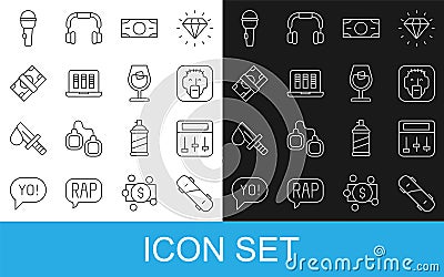 Set line Skateboard, Drum machine music, Rapper, Stacks paper money cash, Sound or audio recorder, Microphone and Wine Vector Illustration