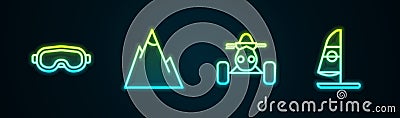 Set line Ski goggles, Mountains, ATV motorcycle and Windsurfing. Glowing neon icon. Vector Vector Illustration