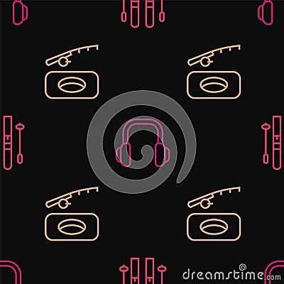 Set line Ski and sticks, Winter fishing and headphones on seamless pattern. Vector Stock Photo