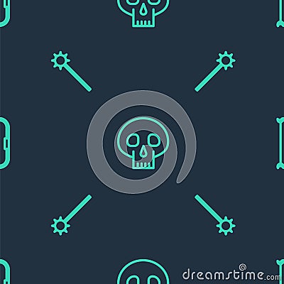 Set line Skull, Medieval chained mace ball and bow on seamless pattern. Vector Vector Illustration
