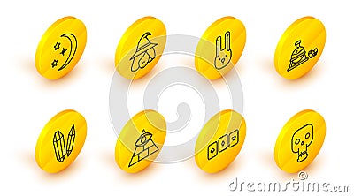 Set line Skull, Playing cards, Masons, Magic stone, Witch cauldron and magic, Rabbit with ears, and Moon stars icon Stock Photo