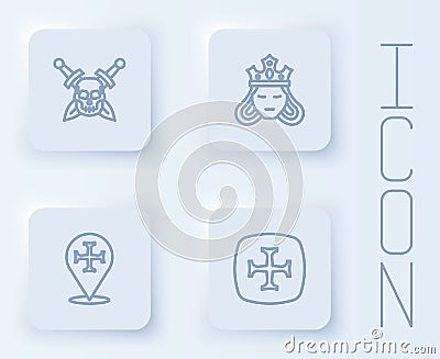 Set line Skull with sword, Princess queen, Crusade and . White square button. Vector Vector Illustration