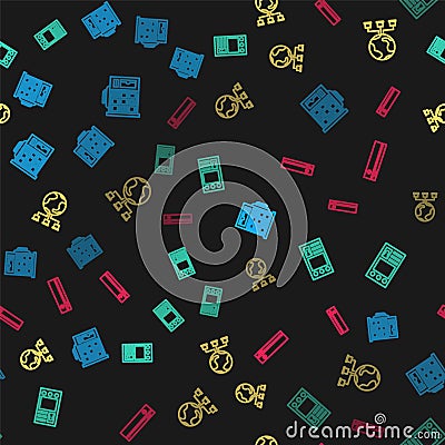 Set line Slot machine, Create account screen, Computer network and Video game console on seamless pattern. Vector Stock Photo