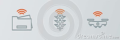 Set line Smart drone, printer and traffic light icon. Vector Vector Illustration