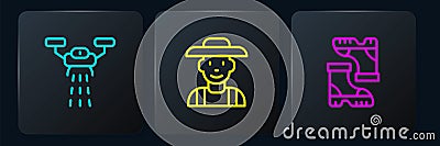 Set line Smart farm with drone, Waterproof rubber boot and Farmer in the hat. Black square button. Vector Stock Photo