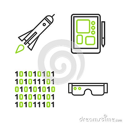 Set line Smart glasses, Binary code, Graphic tablet and Rocket ship with fire icon. Vector Stock Photo