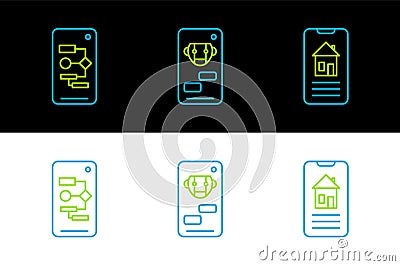 Set line Smart home, Algorithm and Bot icon. Vector Vector Illustration