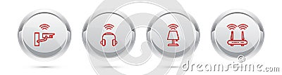 Set line Smart security camera, headphones, table lamp and Router and wi-fi signal. Silver circle button. Vector Stock Photo