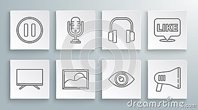 Set line Smart Tv, Microphone, Picture landscape, Eye, Megaphone, Headphones, Like in speech bubble and Pause button Stock Photo