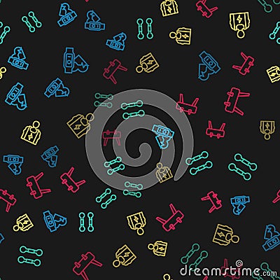 Set line Smart watch with heart, Dumbbell, Bodybuilder and Pommel horse on seamless pattern. Vector Stock Photo