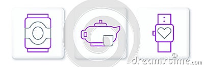 Set line Smart watch, Soda can and Teapot with cup icon. Vector Vector Illustration
